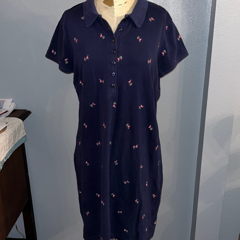 Talbots pink flamingo navy polo dress